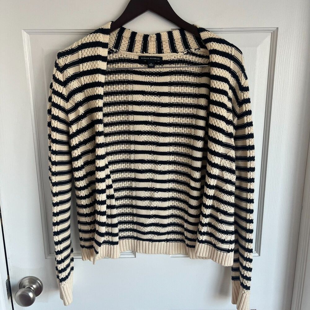 Banana Republic Open Front Cardigan Sweater Blue White Stripe SZ Med Cottagecore